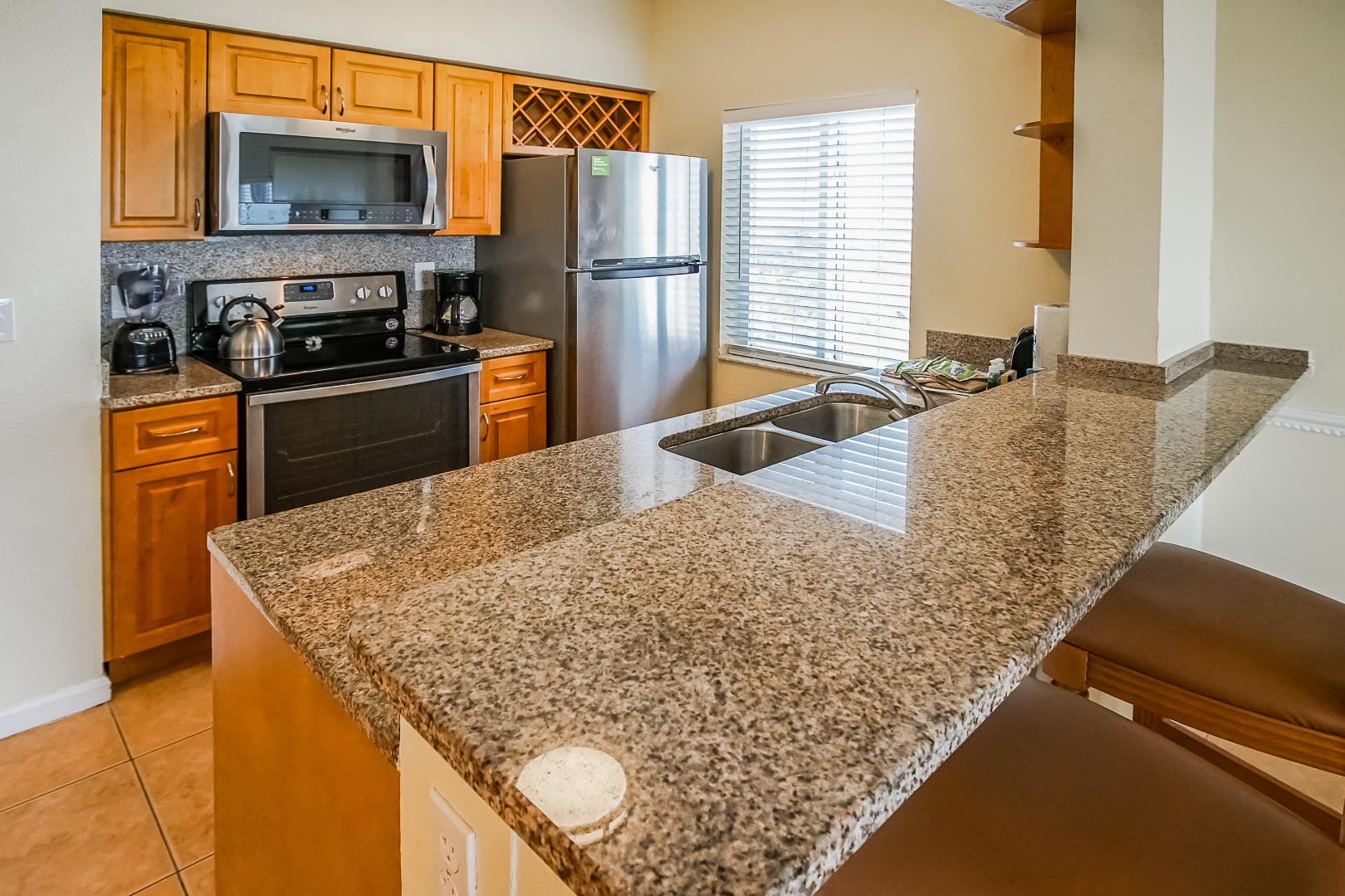 A fully renovated kitchen at VRI's Discovery Beach Resort in Cocoa Beach, Florida.
